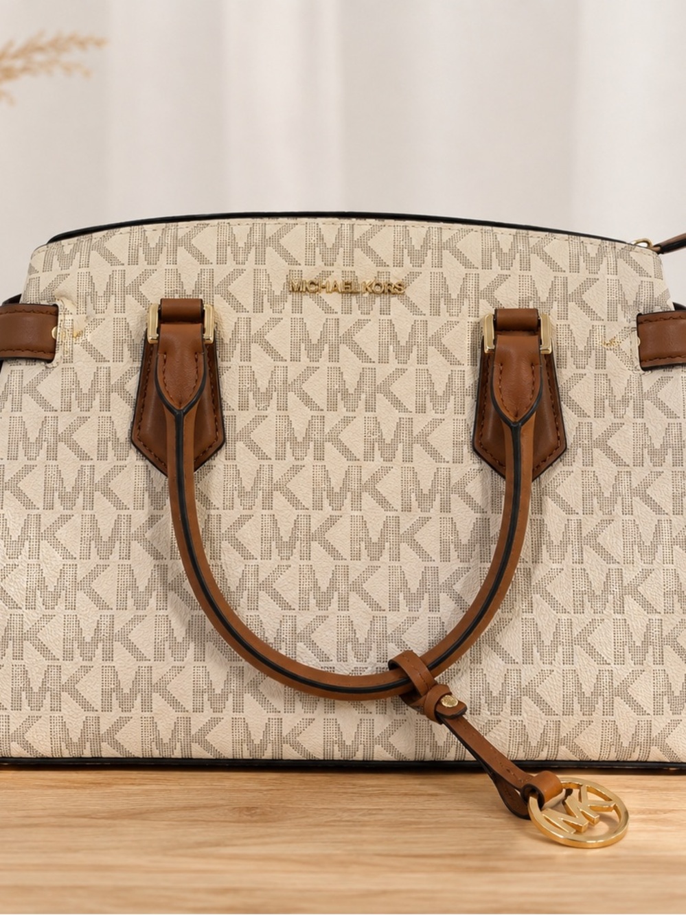 Michael Kors Cream Logo Satchel with Brown Leather Trim and Gold Hardware